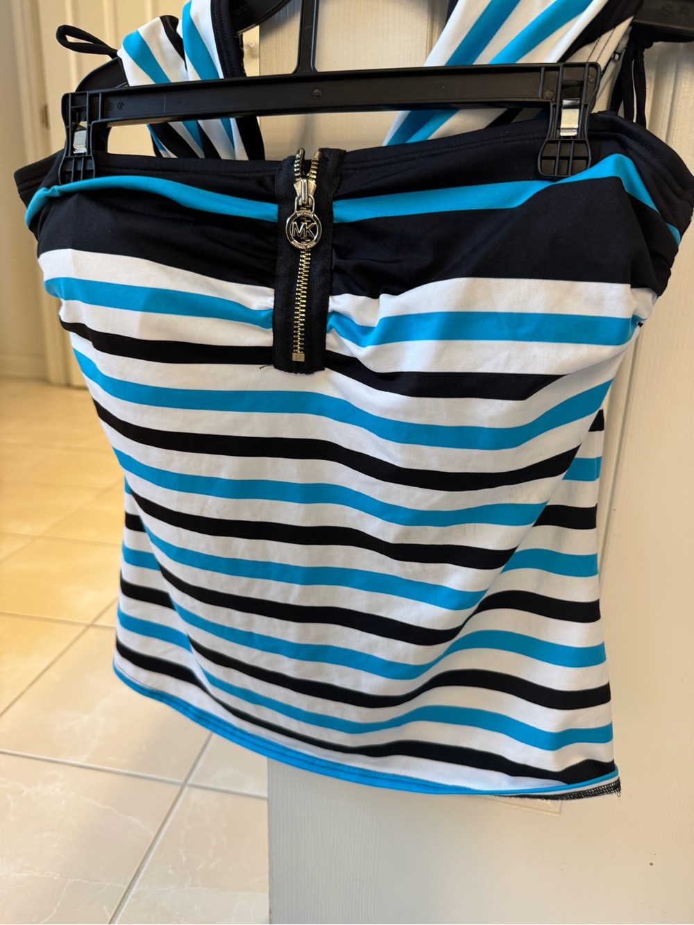 Michael Kors Black White and Teal Striped Swim Top with Gold MK Zipper